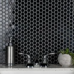 Flash Sale 🤩 Merola Tile Metro Hex 1" Glossy Black 10.25"x11.86" Porcelain Mosaic Floor And Wall Tile 🎁