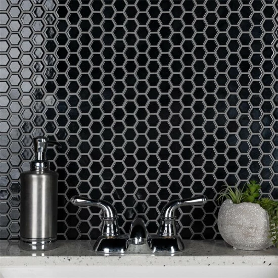 Flash Sale π€© Merola Tile Metro Hex 1" Glossy Black 10.25"x11.86" Porcelain Mosaic Floor And Wall Tile π