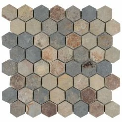 Coupon 𧨠Merola Tile Crag Hexagon Sunset 11.13" X 11.13" Slate Mosaic Tile π