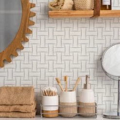 Wholesale ✔️ Merola Tile Metro 🐶 Dog Bone Basketweave Matte White W/Glossy White Dot 10" X 10" Porcelain Mosaic Tile - Case (10 Tiles) 😍